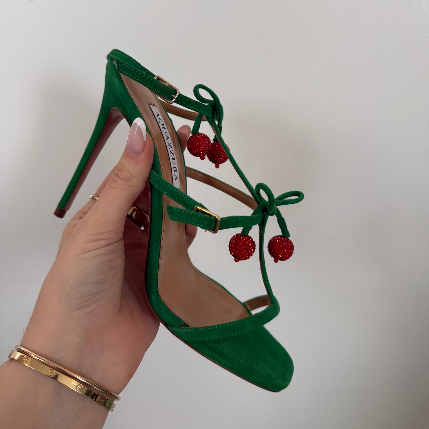 Aquazzura Cerise Sandal 105 Green Suede Heels