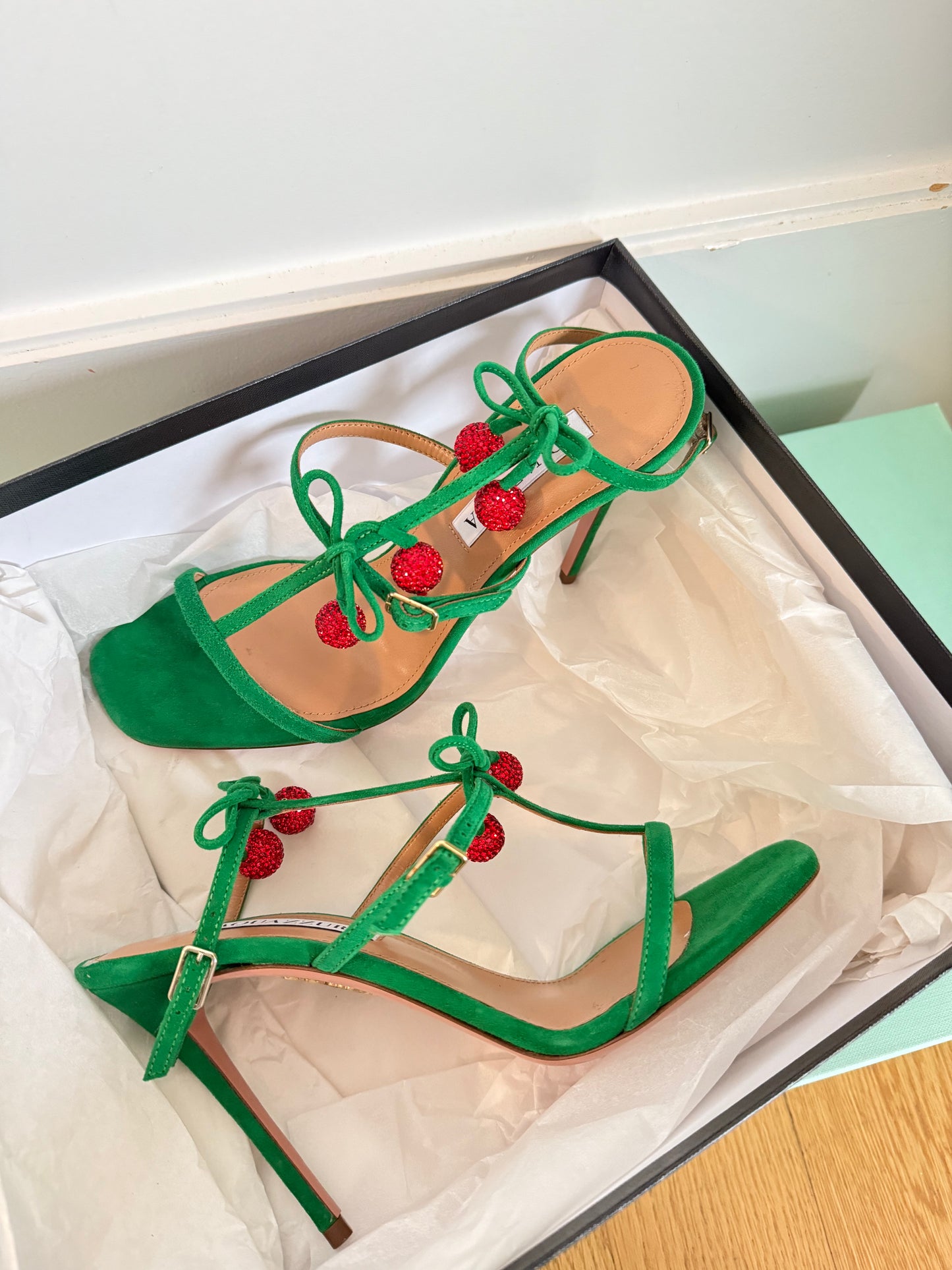 Aquazzura Cerise Sandal 105 Green Suede Heels