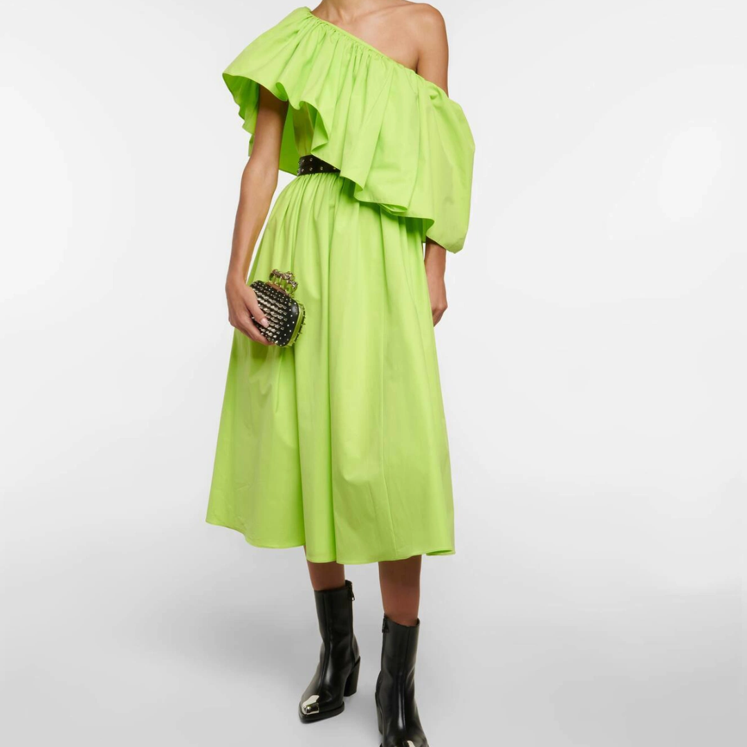 Alexander McQueen Popeline Off Shoulder Midi Dress Green