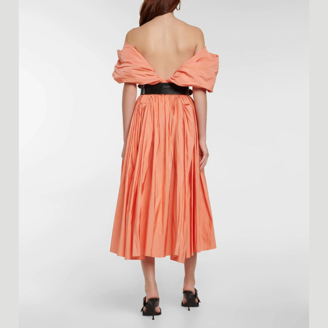Alexander McQueen Popeline Off Shoulder Midi Dress Peach