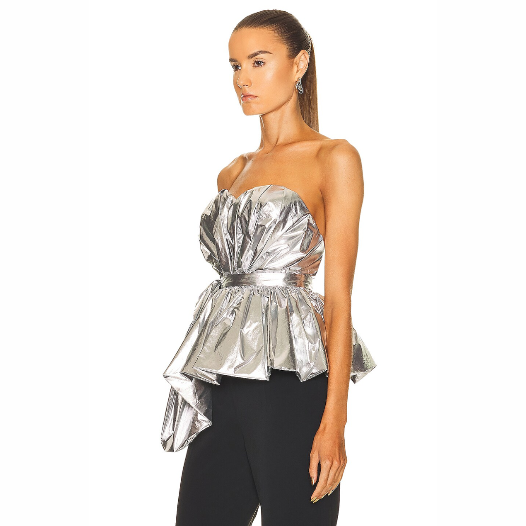 Alexander McQueen Silver Crinkled Draped Bustier Top