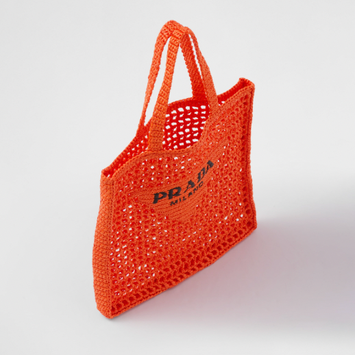 Prada Orange Crochet Raffia Tote Bag Logo