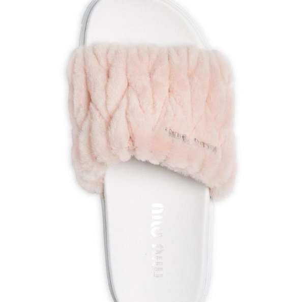 Prada Pink Fur Slides Logo