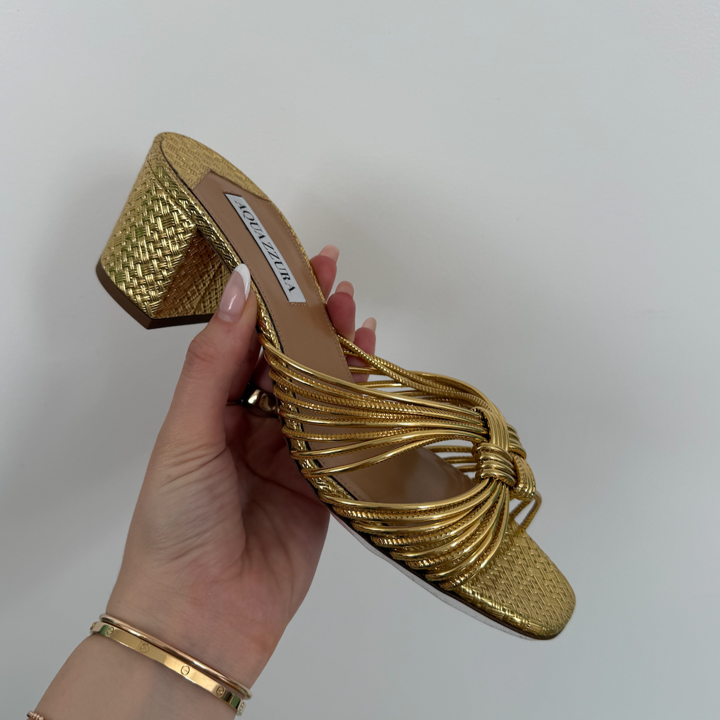 Aquazzura Club Sandal 50 Gold Block Heel Pumps