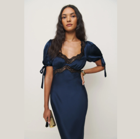 Reformation Stella Silk Navy Dress