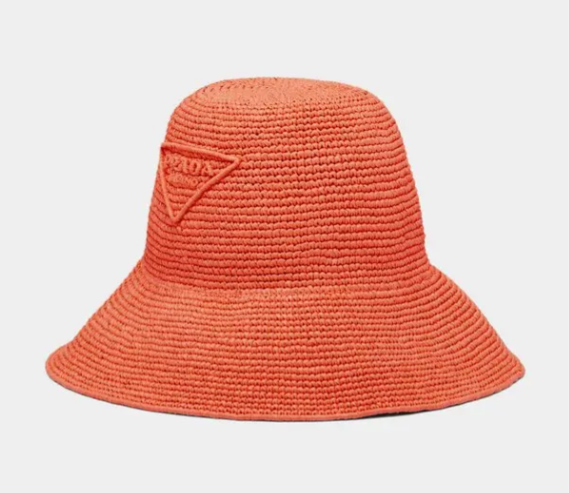 Prada Orange Wide Brim Raffia Bucket Hat