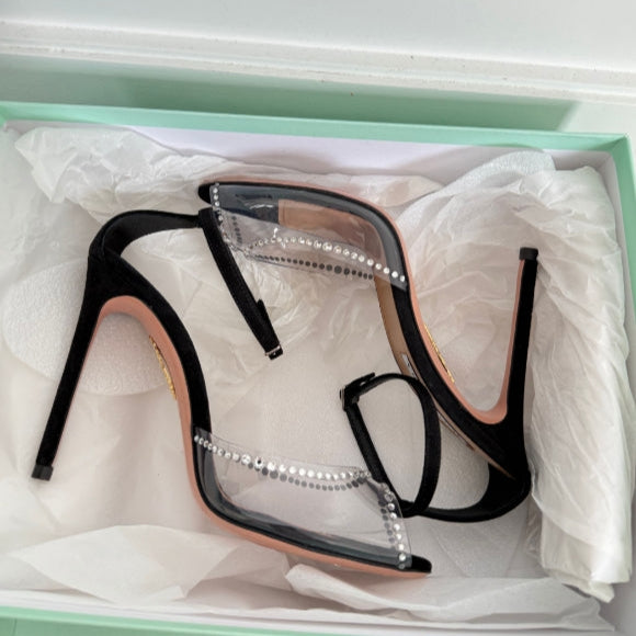 Aquazzura Ray of Light Plexi Crystal Peep 105 Black Suede PVC