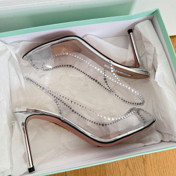 Aquazzura Ray of Light Plexi Crystal Sling Back 85 Silver PVC