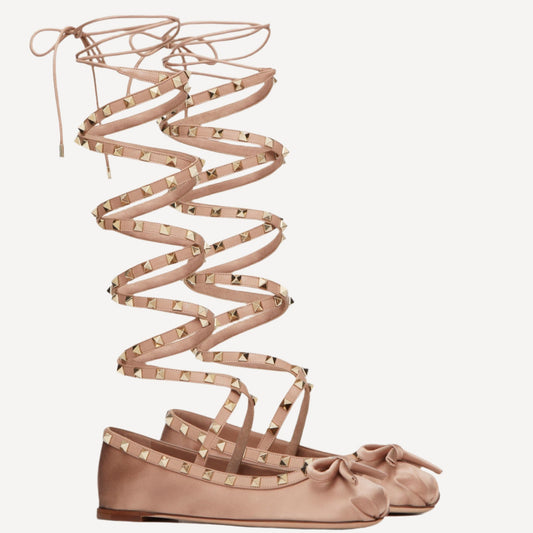 Valentino Rockstud Satin Lace Up Flats