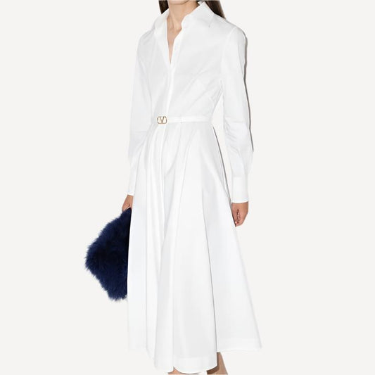 Valentino Midi Cotton Poplin White Dress V Logo Belt