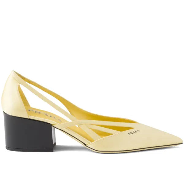 Prada Yellow Satin Cutout Block Heel Pumps