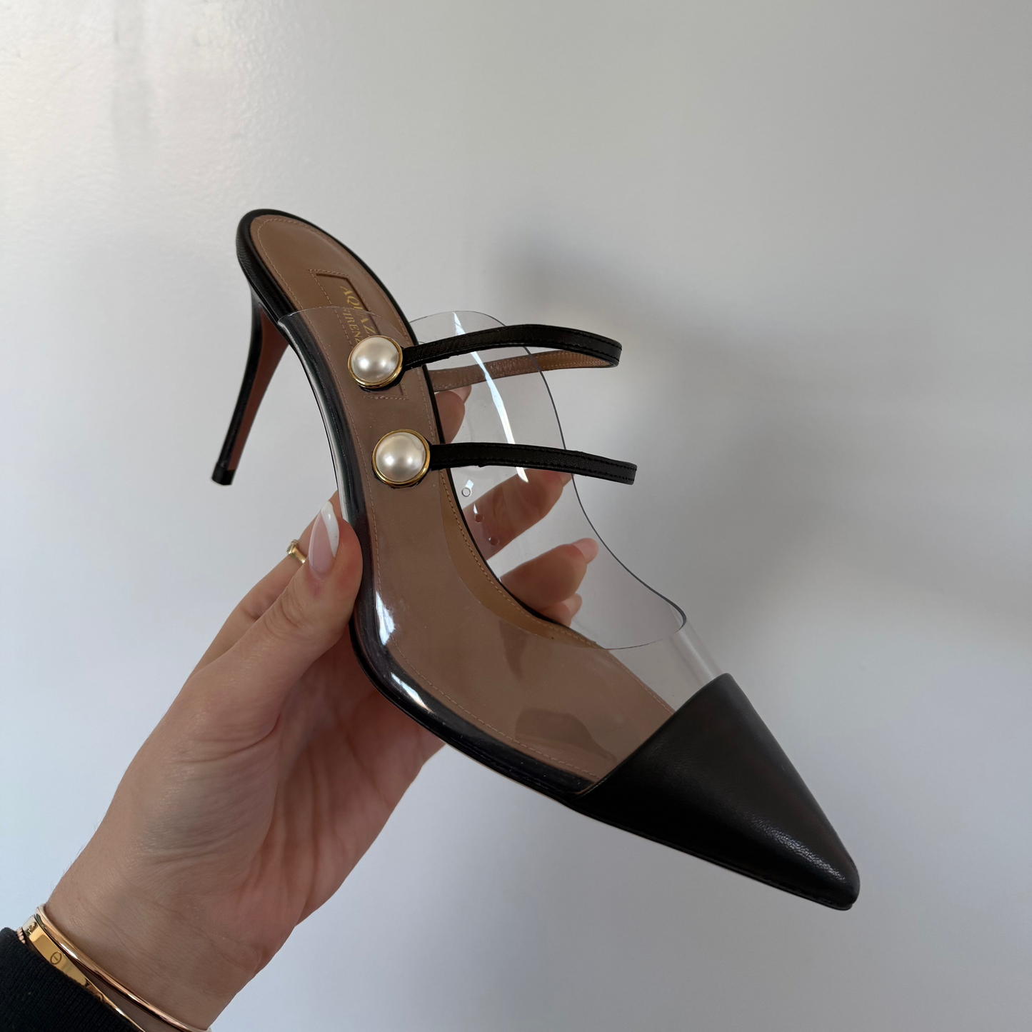 AQUAZZURA Oz 85 Faux Pearl Embellished PVC Mules