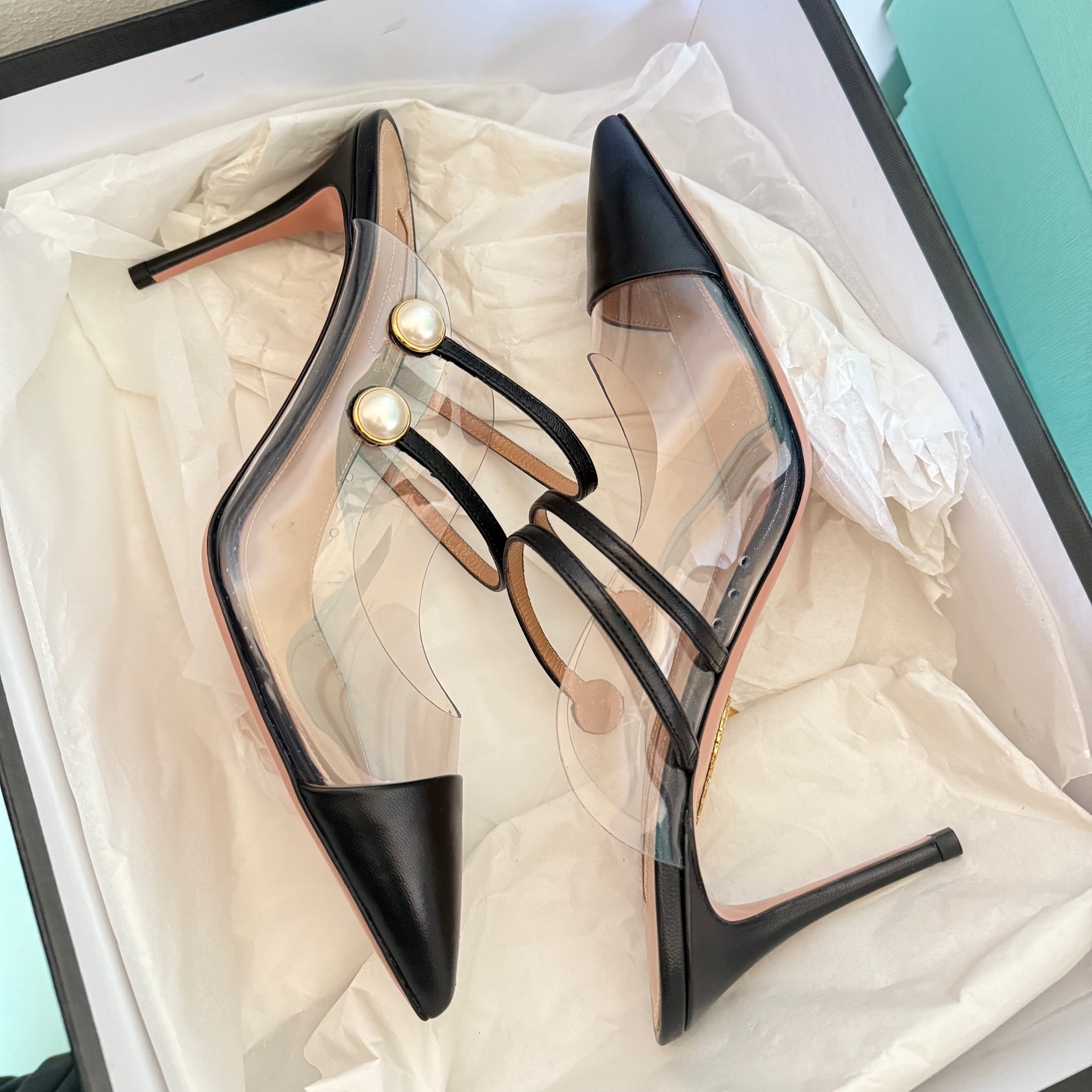 AQUAZZURA Oz 85 Faux Pearl Embellished PVC Mules