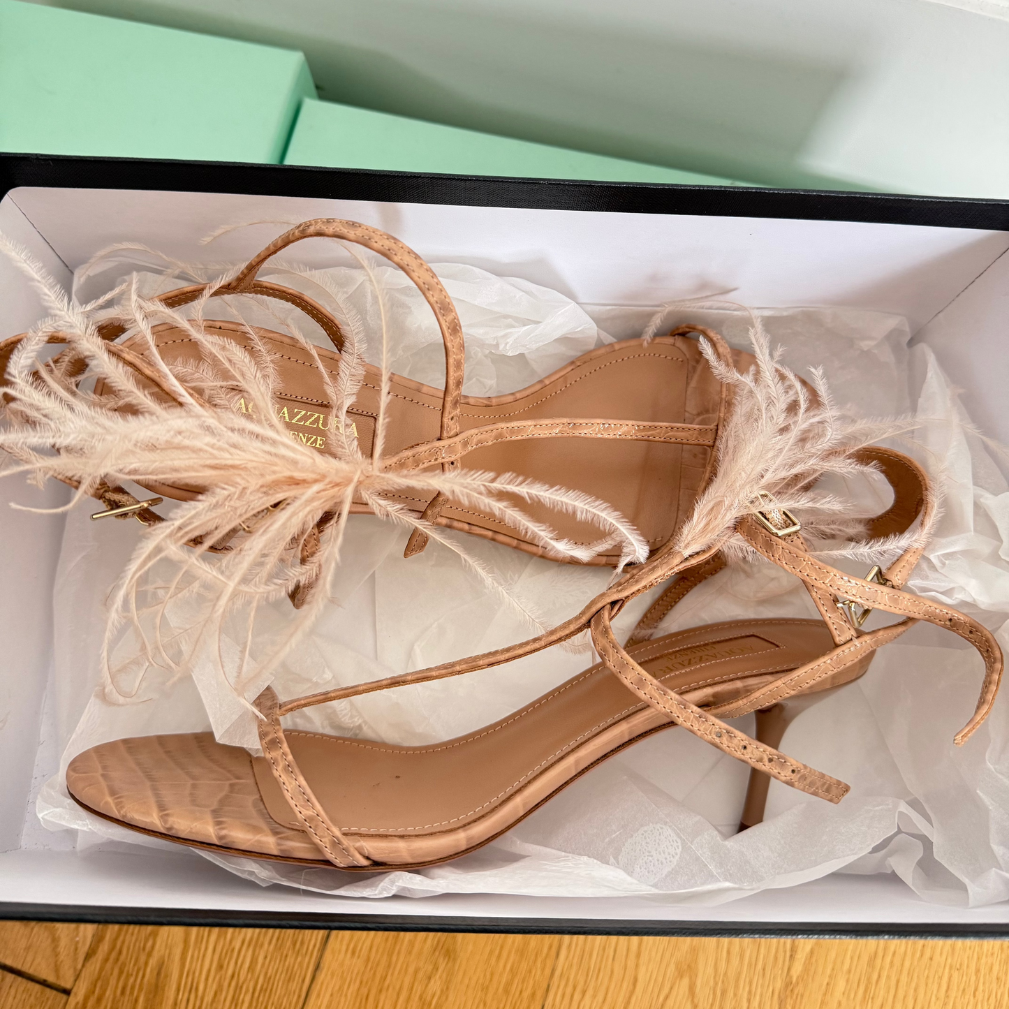 Aquazzura Ponza Sandal Flat Printed Crocco Feathers Dark Nude