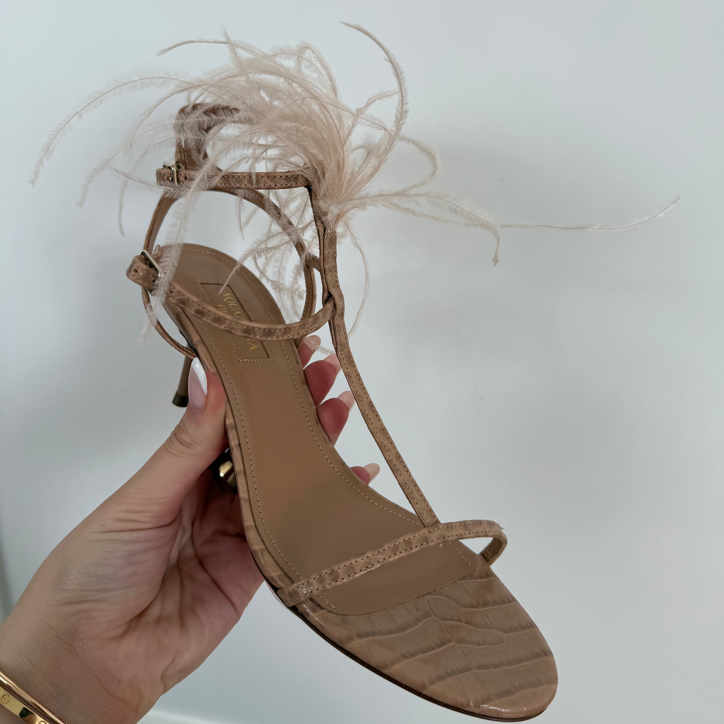 Aquazzura Ponza Sandal Flat Printed Crocco Feathers Dark Nude