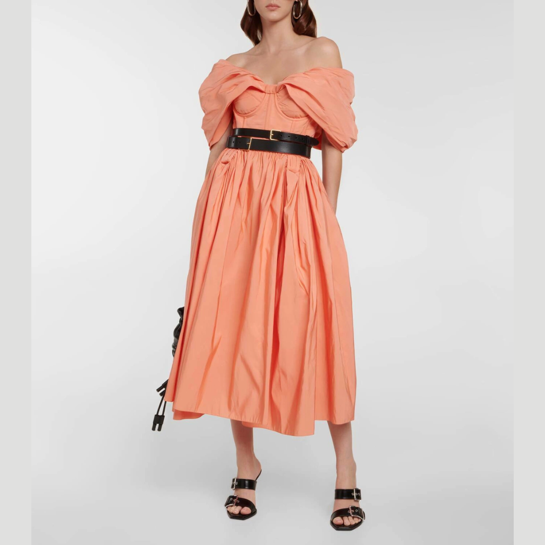 Alexander McQueen Popeline Off Shoulder Midi Dress Peach