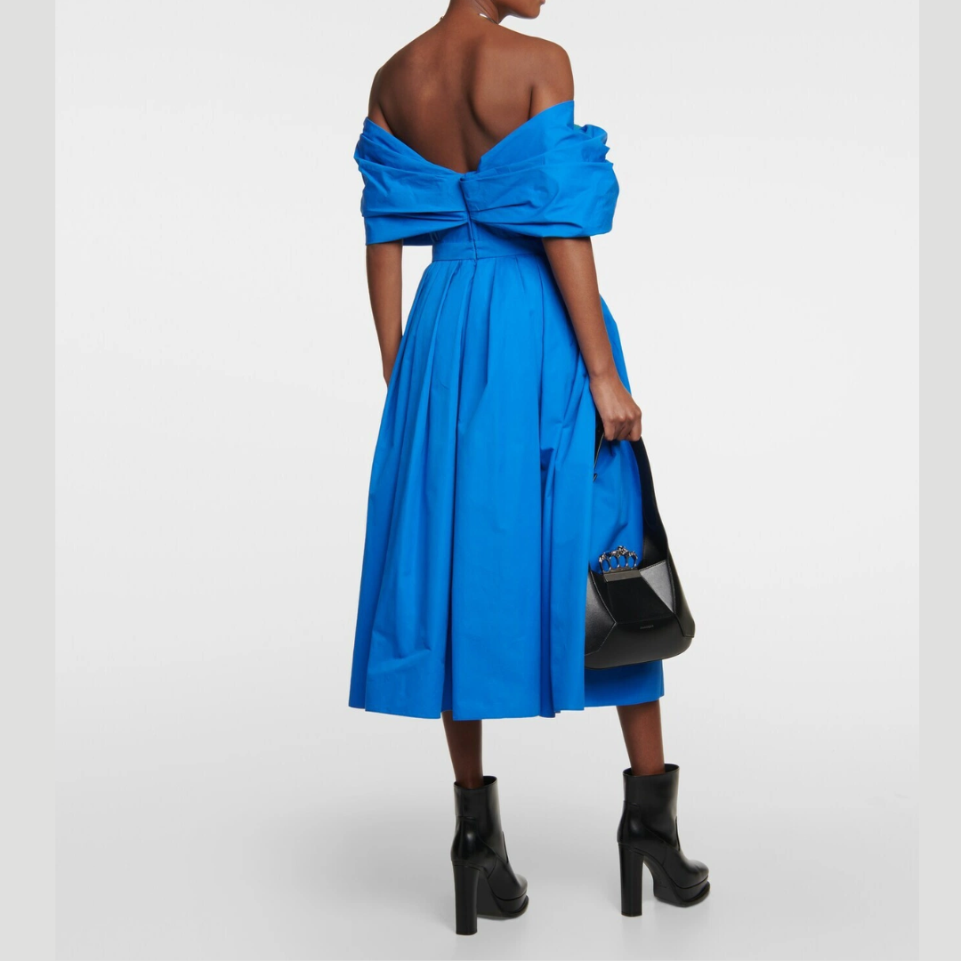 Alexander McQueen Popeline Off Shoulder Midi Dress Blue