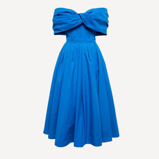 Alexander McQueen Popeline Off Shoulder Midi Dress Blue