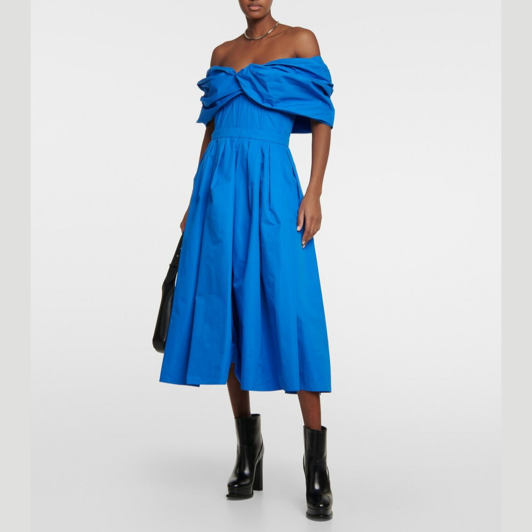 Alexander McQueen Popeline Off Shoulder Midi Dress Blue