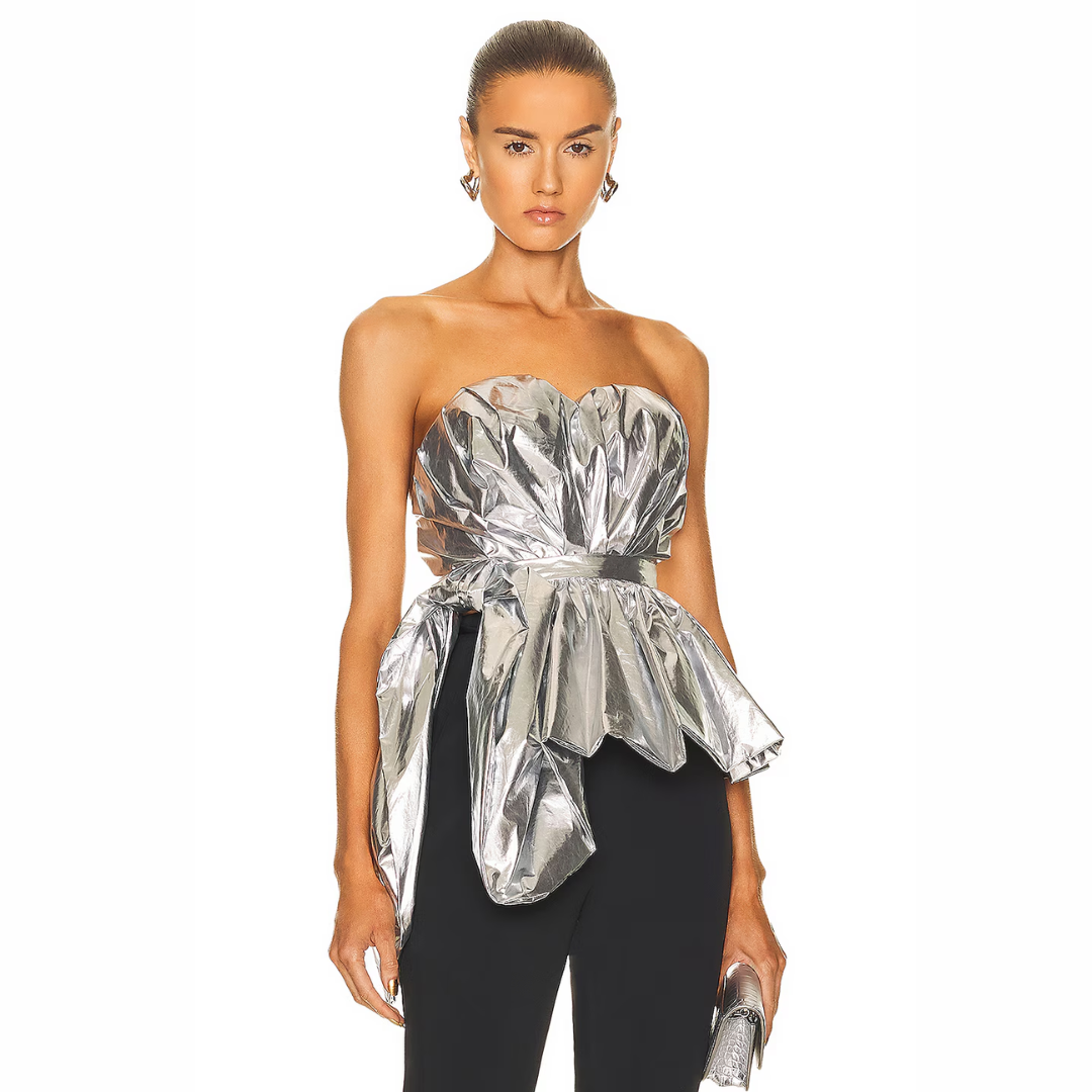 Alexander McQueen Silver Crinkled Draped Bustier Top