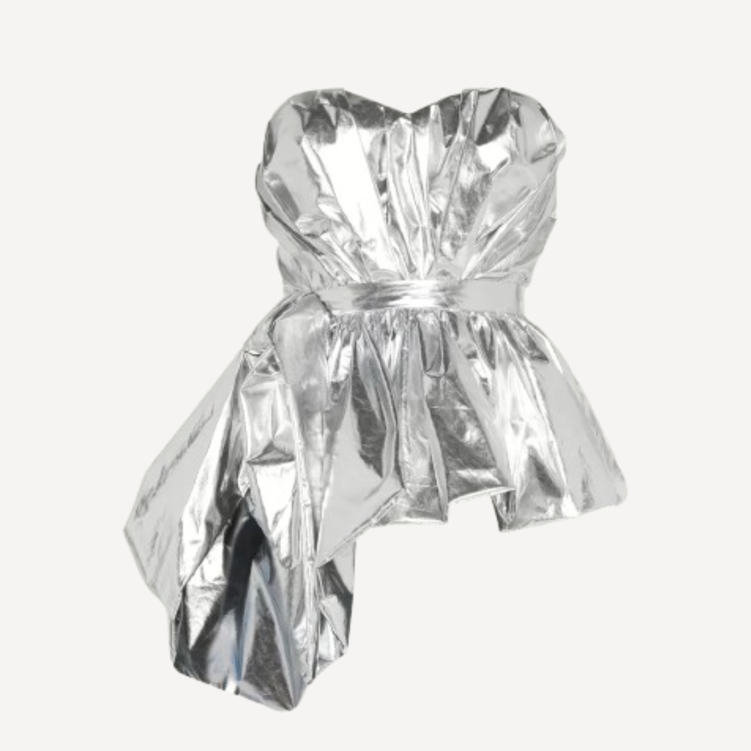 Alexander McQueen Silver Crinkled Draped Bustier Top