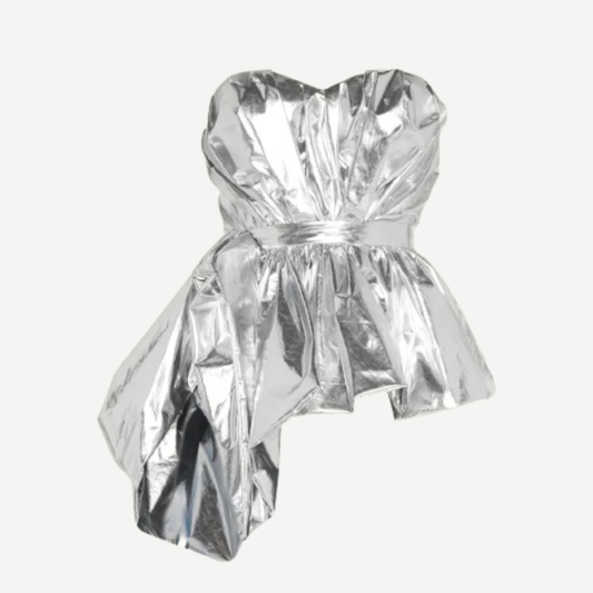 Alexander McQueen Silver Crinkled Draped Bustier Top