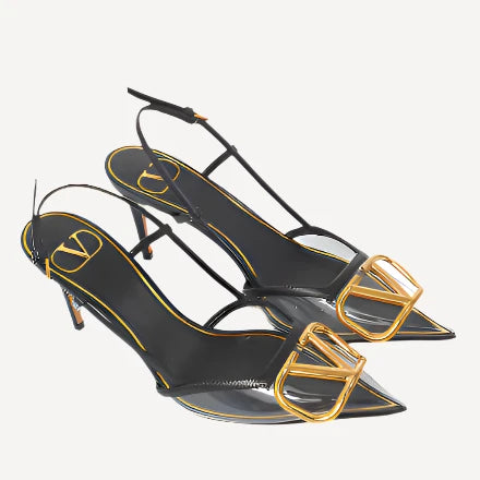 Valentino Black PVC Logo Leather Slingback Pumps