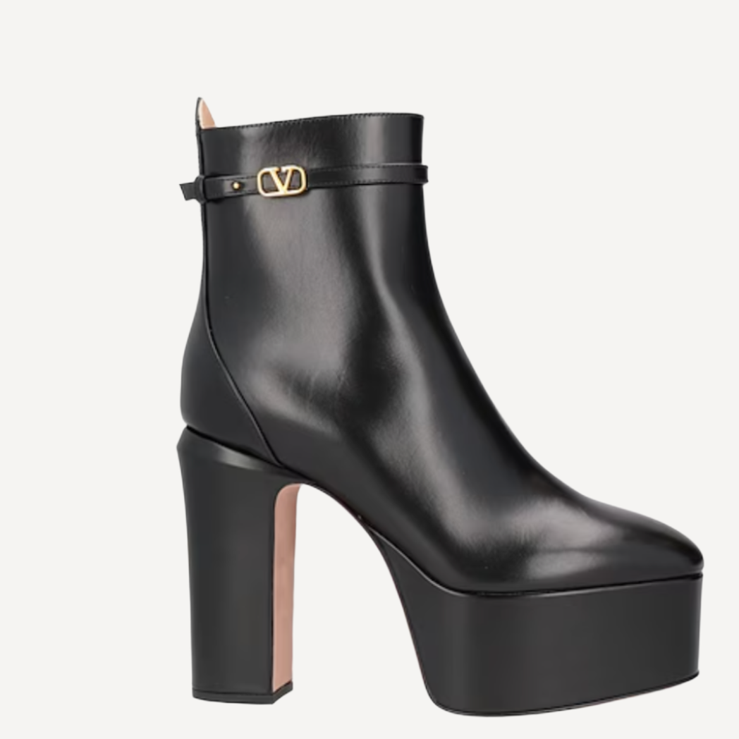 Valentino Black Leather Block Heel Platform Boots