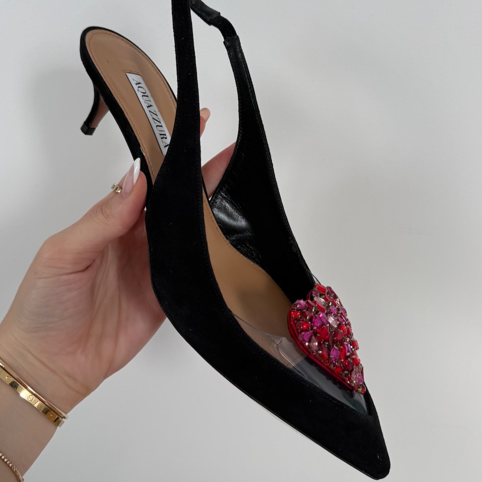 Aquazzura Love Me Sling 45 Pumps Black Suede Heart
