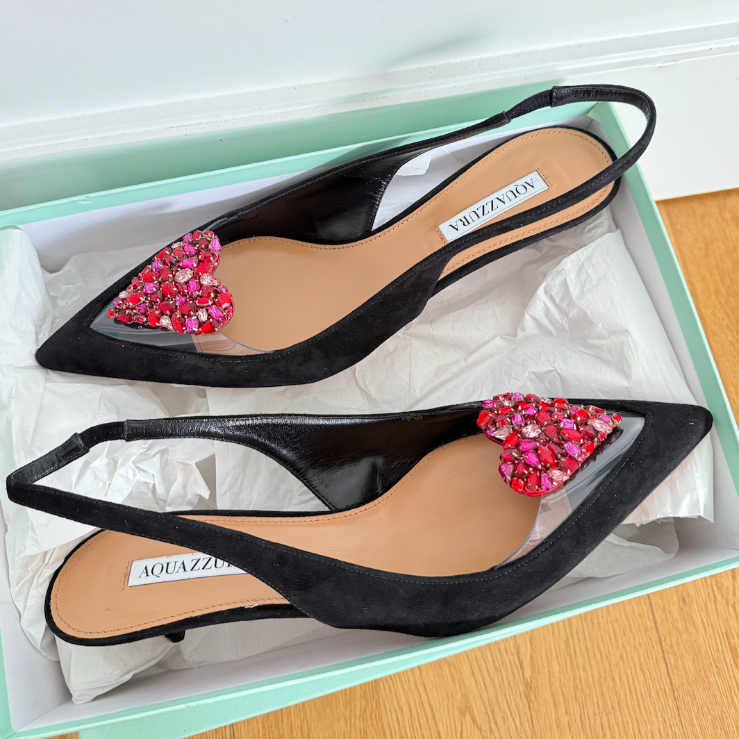 Aquazzura Love Me Sling 45 Pumps Black Suede Heart