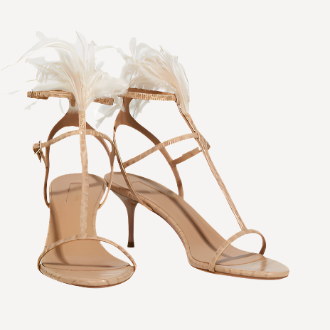 Aquazzura Ponza Sandal Flat Printed Crocco Feathers Dark Nude