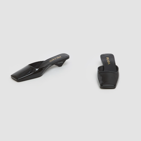 Prada Black Patent Leather Square Toe Mules