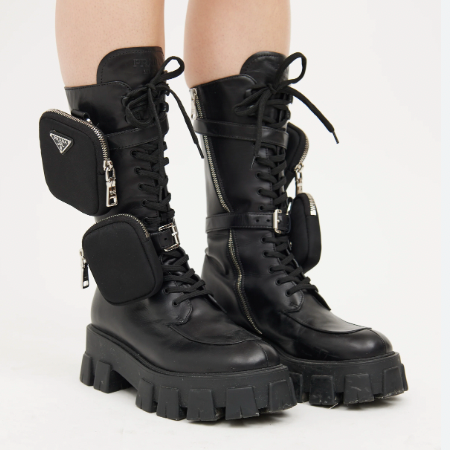 Prada Black Pouch Combat Boots Leather