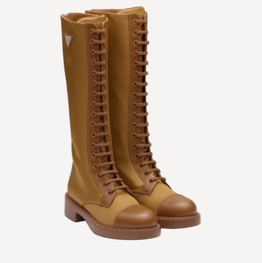 Prada Tan Logo Tall Combat Boots