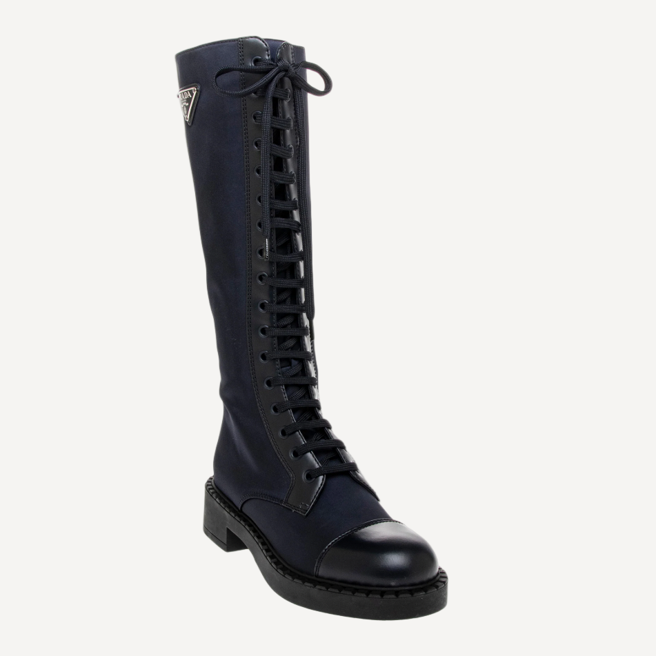 Prada Navy Logo Tall Lace Up Combat Boots