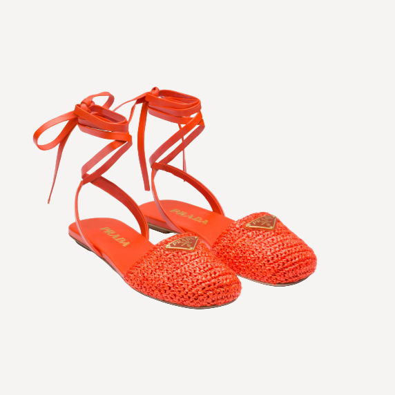 Prada Orange Woven Logo Lace Up Flats Sandals