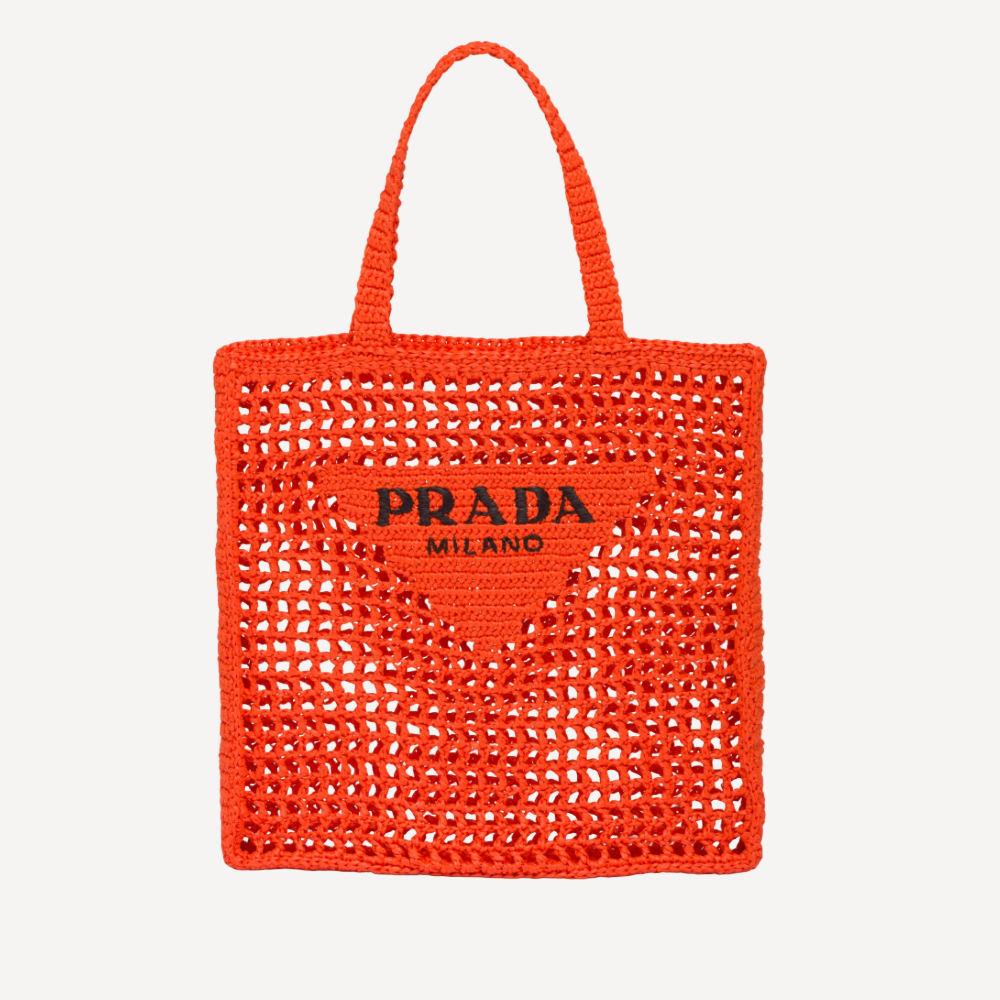 Prada Orange Crochet Raffia Tote Bag Logo