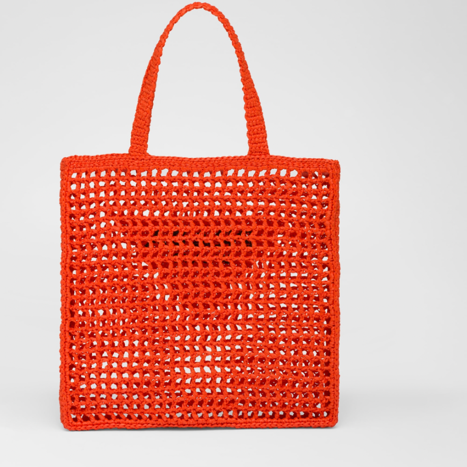 Prada Orange Crochet Raffia Tote Bag Logo