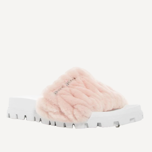 Prada Pink Fur Slides Logo