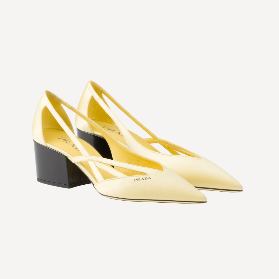 Prada Yellow Satin Cutout Block Heel Pumps
