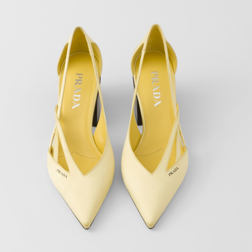 Prada Yellow Satin Cutout Block Heel Pumps