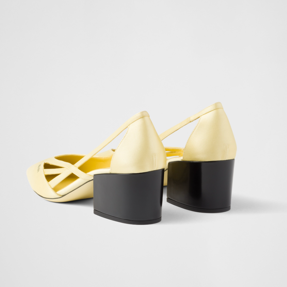Prada Yellow Satin Cutout Block Heel Pumps