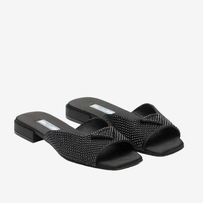 Prada Black Crystal Flat Sandals