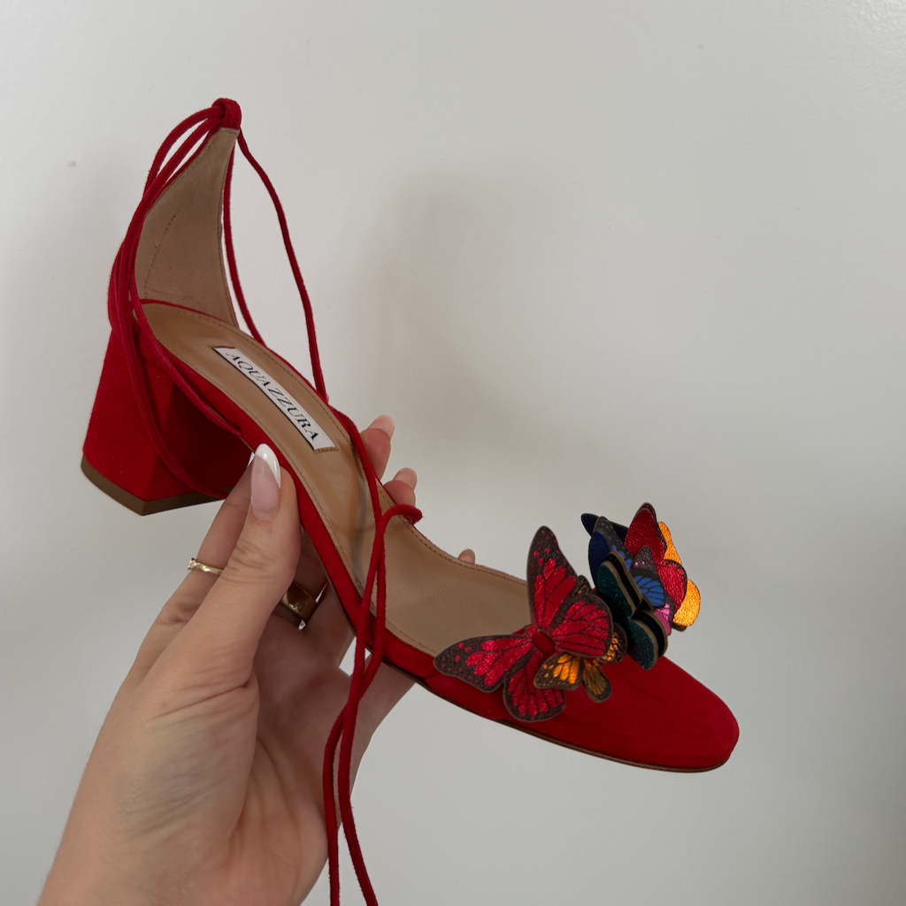 Aquazzura Papillon Sandals Lipstick Butterfly Block Heel 50