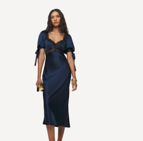 Reformation Stella Silk Navy Dress