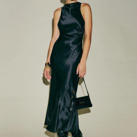 Reformation Casette Silk Dress Black