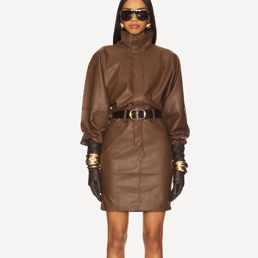 Ronny Kobo Regan Brown Pleather Mini Dress