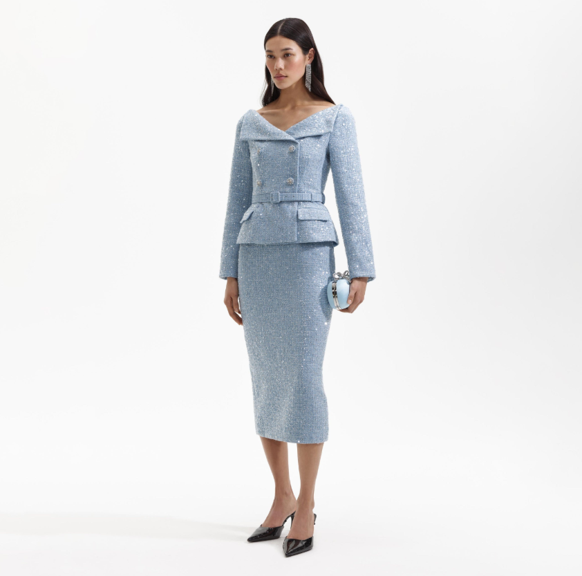 Self Portrait Blue Sequin Boucle Midi Dress