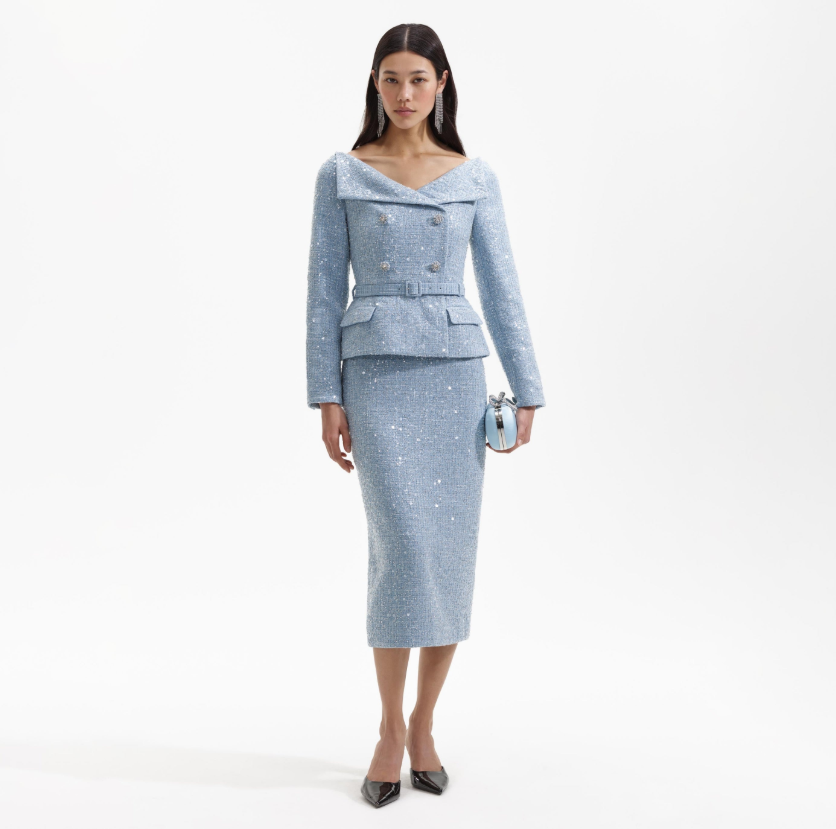 Self Portrait Blue Sequin Boucle Midi Dress