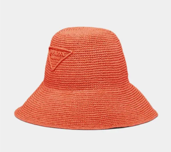 Prada Orange Wide Brim Raffia Bucket Hat